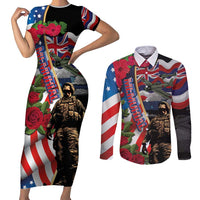 Hawaii and United States Memorial Day Couples Matching Short Sleeve Bodycon Dress and Long Sleeve Button Shirt Honor and Remember The Fallen