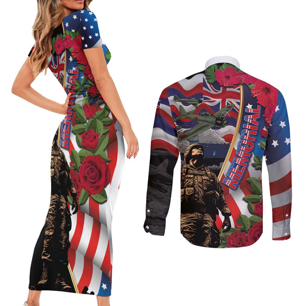 Hawaii and United States Memorial Day Couples Matching Short Sleeve Bodycon Dress and Long Sleeve Button Shirt Honor and Remember The Fallen