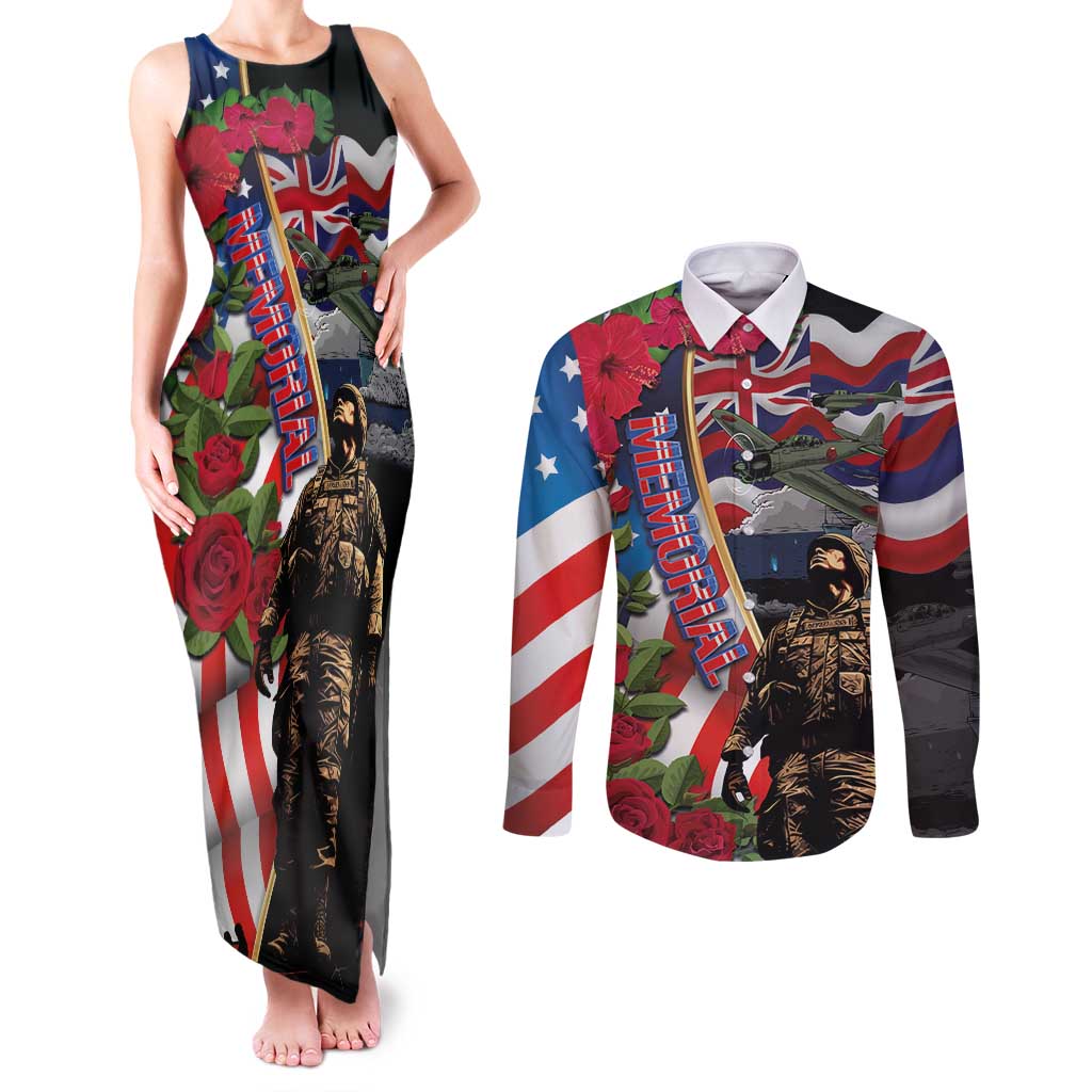 Hawaii and United States Memorial Day Couples Matching Tank Maxi Dress and Long Sleeve Button Shirt Honor and Remember The Fallen