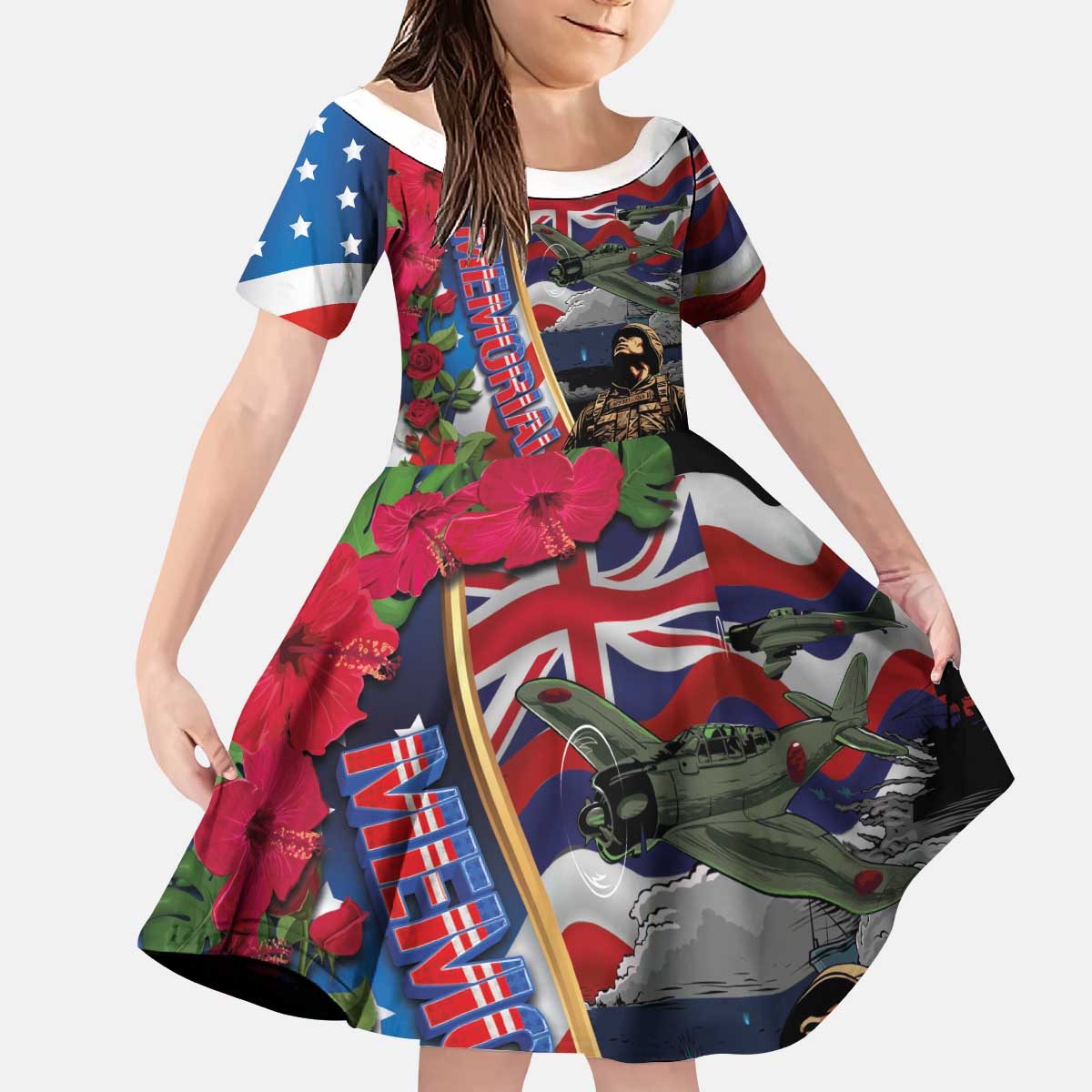 Hawaii and United States Memorial Day Kid Short Sleeve Dress Honor and Remember The Fallen