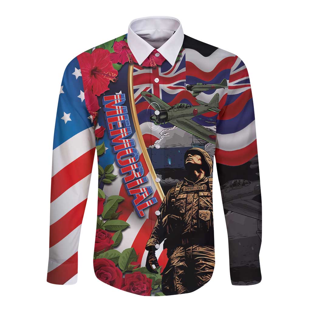 Hawaii and United States Memorial Day Long Sleeve Button Shirt Honor and Remember The Fallen