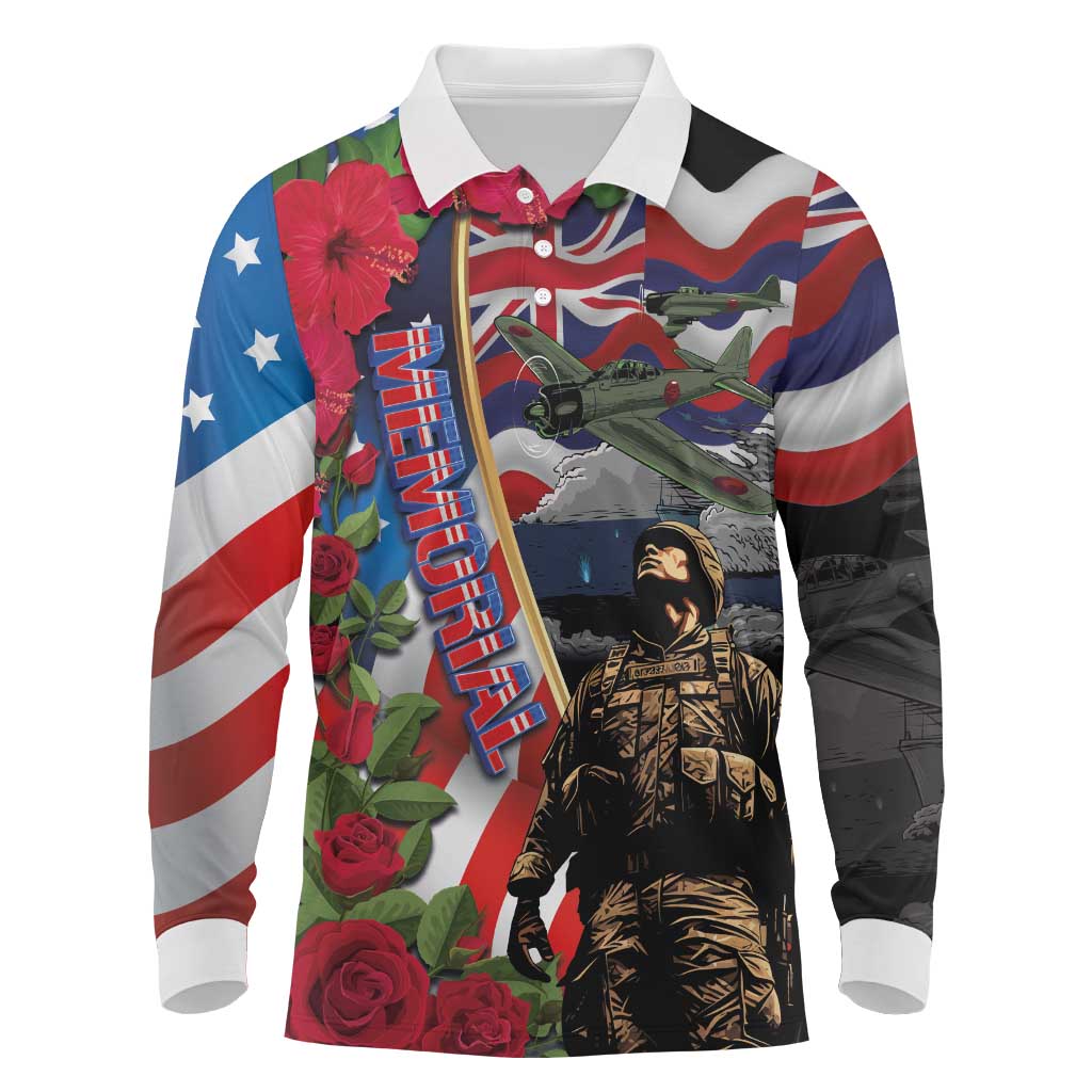 Hawaii and United States Memorial Day Long Sleeve Polo Shirt Honor and Remember The Fallen