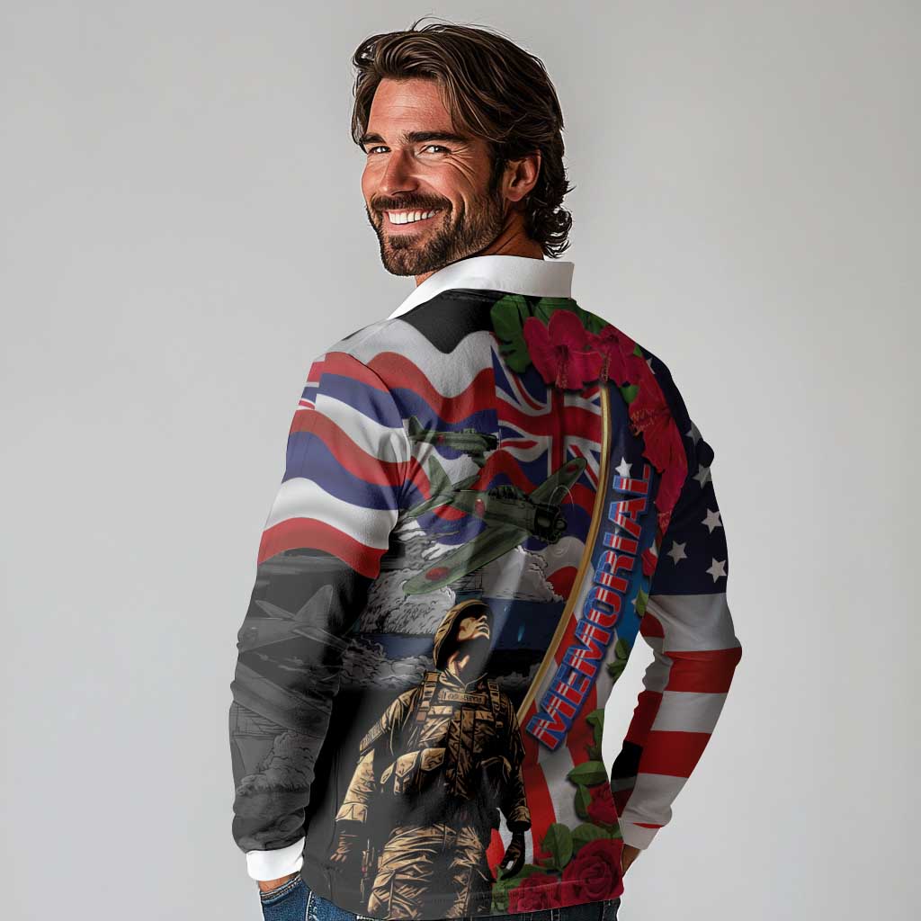 Hawaii and United States Memorial Day Long Sleeve Polo Shirt Honor and Remember The Fallen