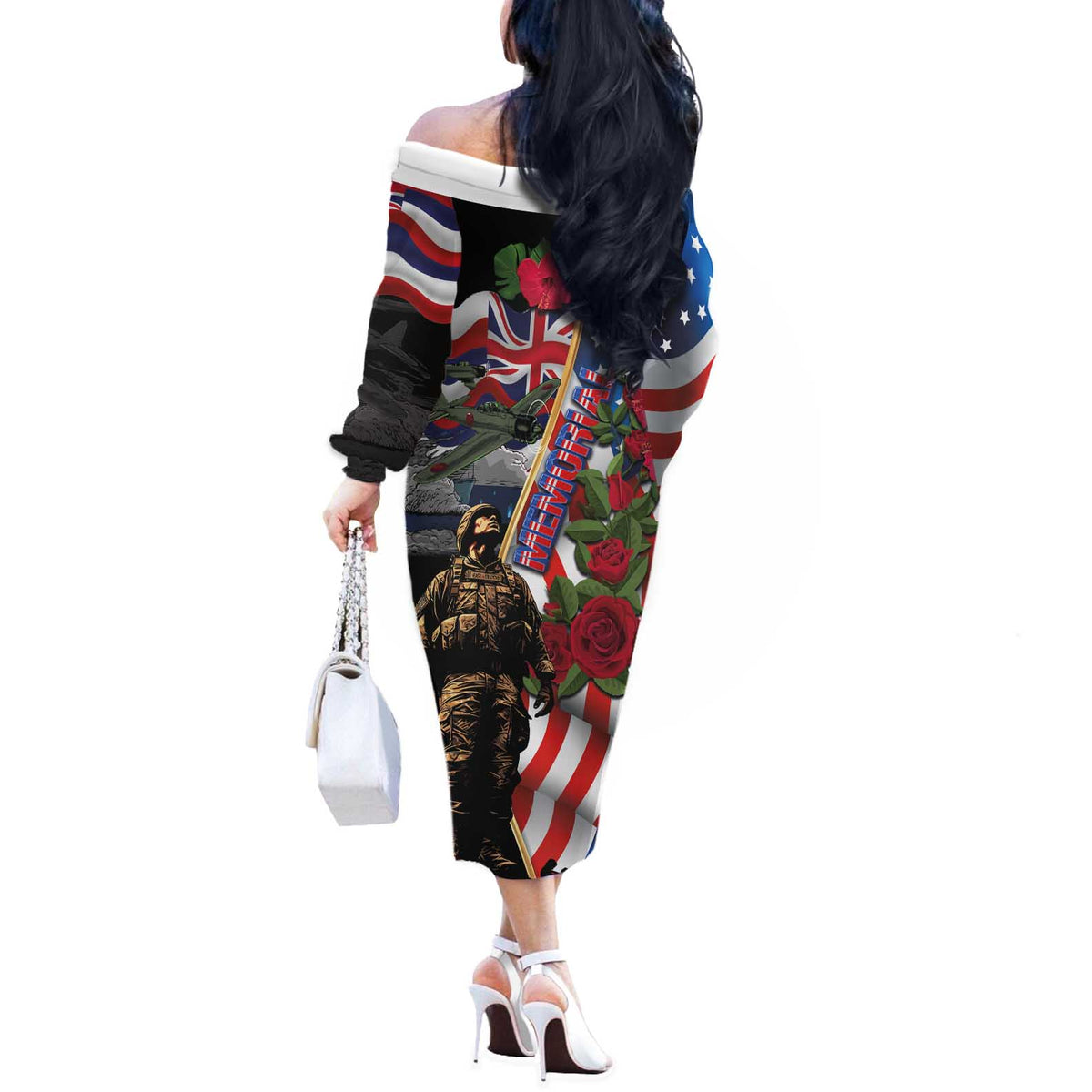 Hawaii and United States Memorial Day Off The Shoulder Long Sleeve Dress Honor and Remember The Fallen