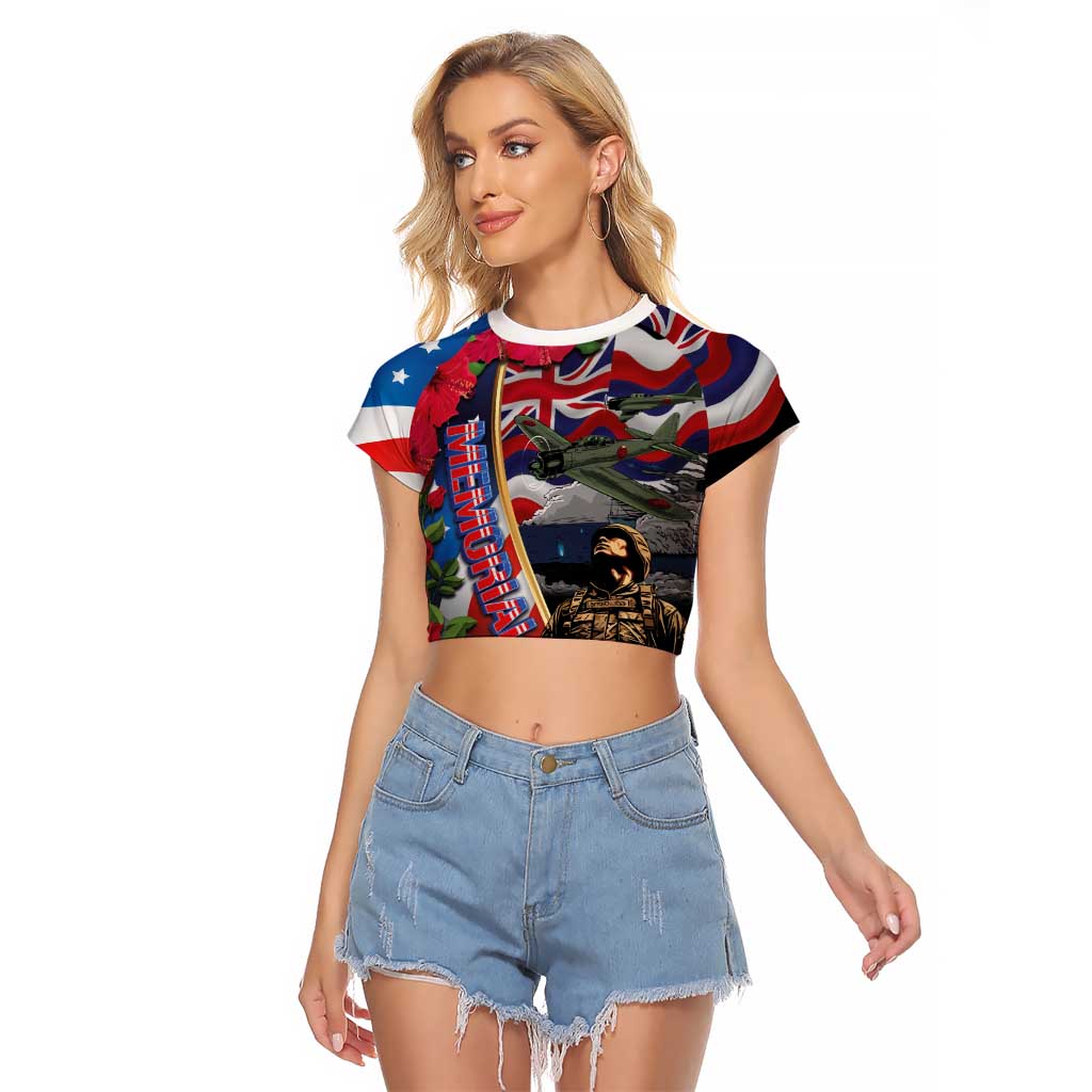 Hawaii and United States Memorial Day Raglan Cropped T Shirt Honor and Remember The Fallen