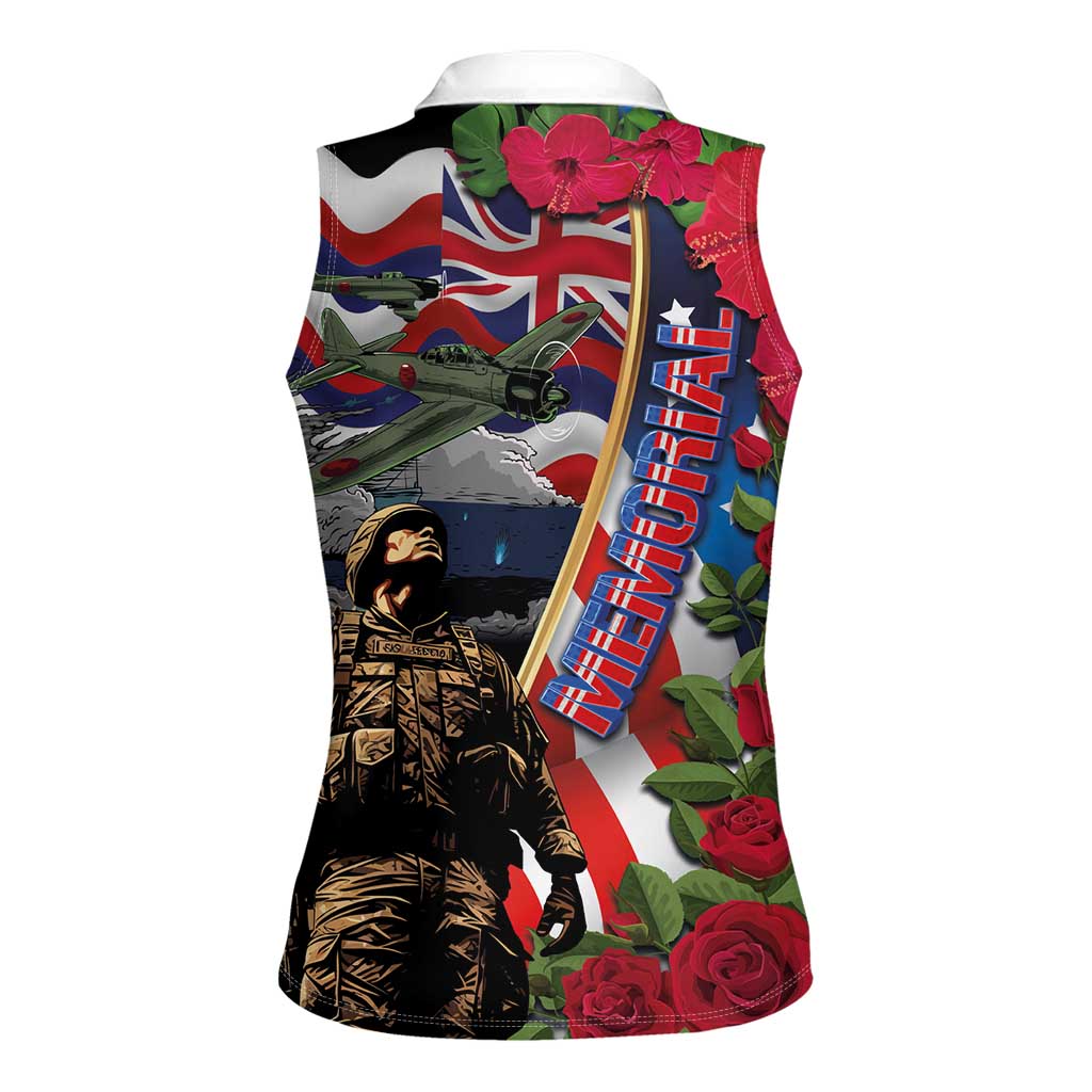 Hawaii and United States Memorial Day Women Sleeveless Polo Shirt Honor and Remember The Fallen