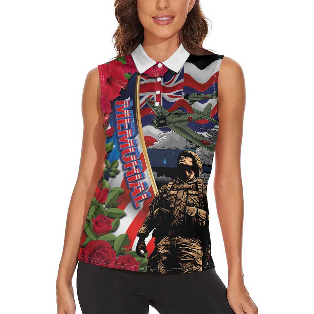 Hawaii and United States Memorial Day Women Sleeveless Polo Shirt Honor and Remember The Fallen