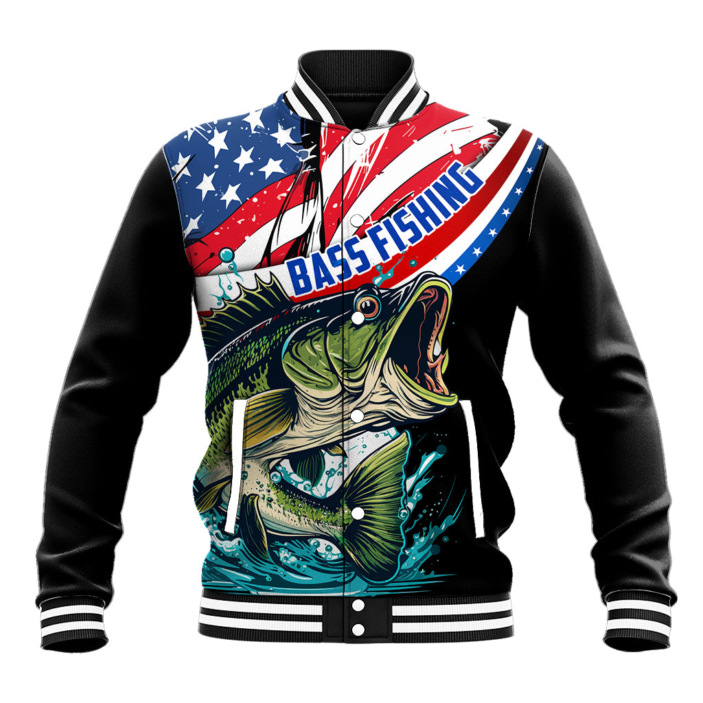 Personalized Bass Fishing Baseball Jacket With American Flag - Wonder Print Shop