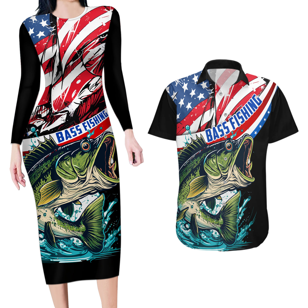 Personalized Bass Fishing Couples Matching Long Sleeve Bodycon Dress and Hawaiian Shirt With American Flag - Wonder Print Shop