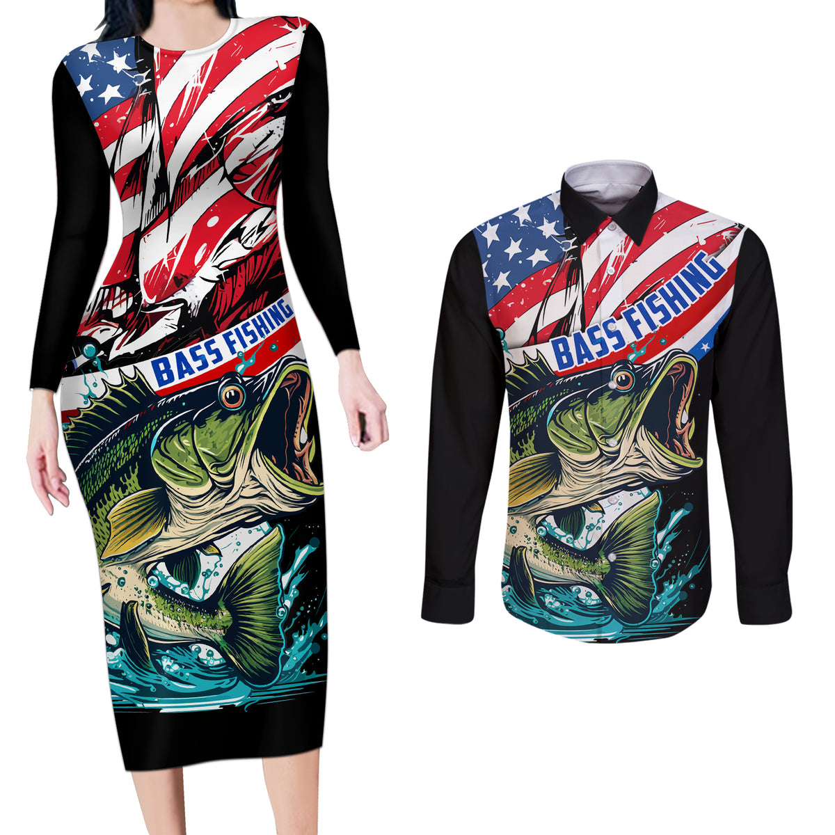 Personalized Bass Fishing Couples Matching Long Sleeve Bodycon Dress and Long Sleeve Button Shirt With American Flag - Wonder Print Shop