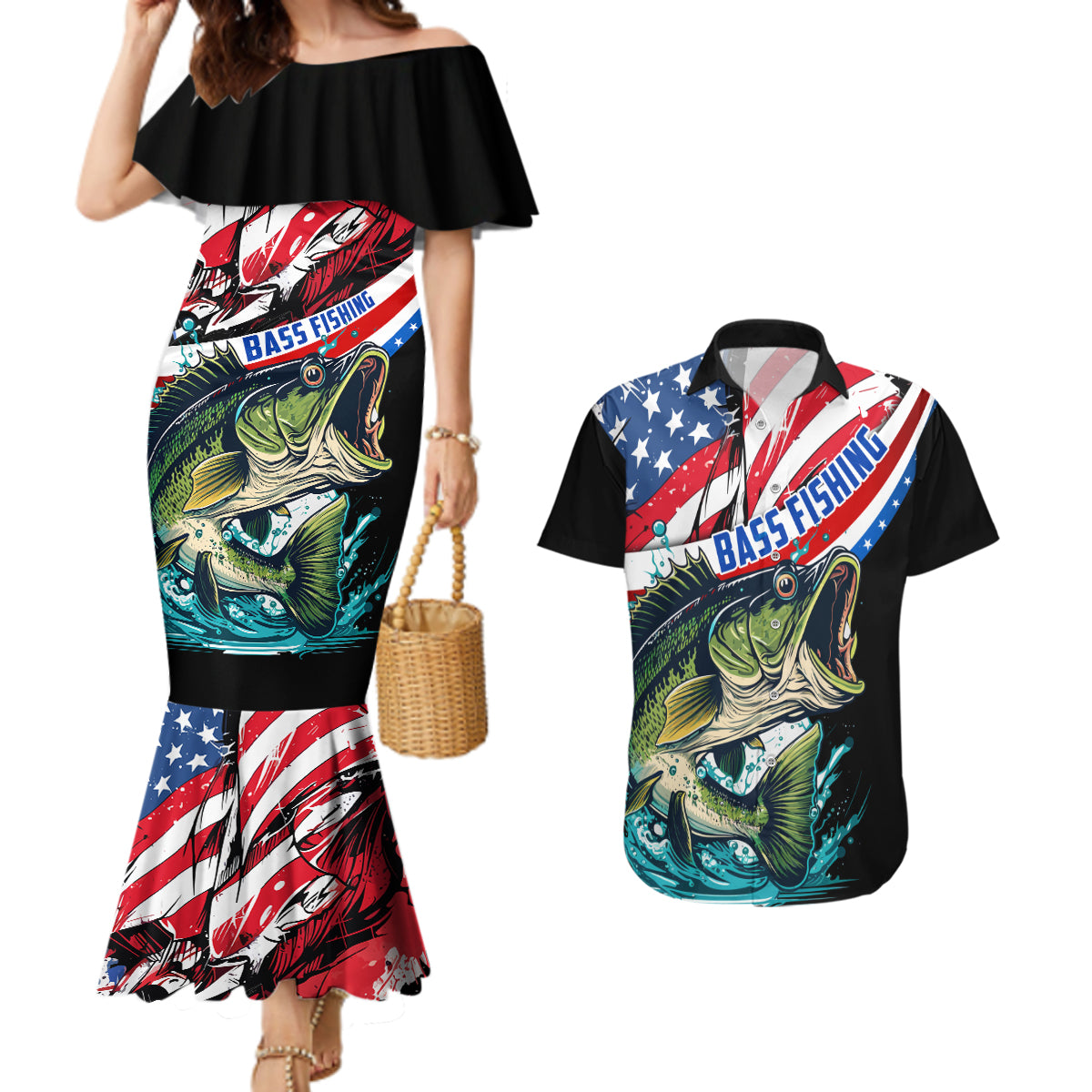 Personalized Bass Fishing Couples Matching Mermaid Dress and Hawaiian Shirt With American Flag - Wonder Print Shop
