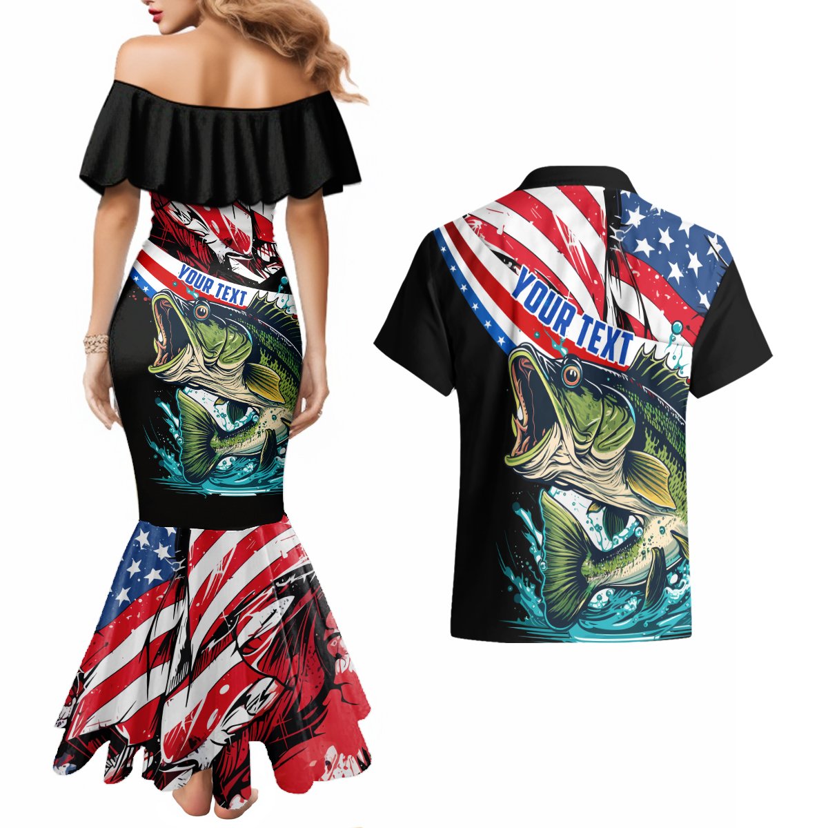 Personalized Bass Fishing Couples Matching Mermaid Dress and Hawaiian Shirt With American Flag - Wonder Print Shop