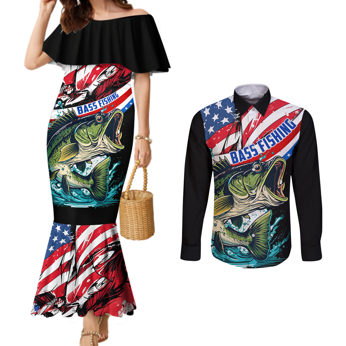 Personalized Bass Fishing Couples Matching Mermaid Dress and Long Sleeve Button Shirt With American Flag