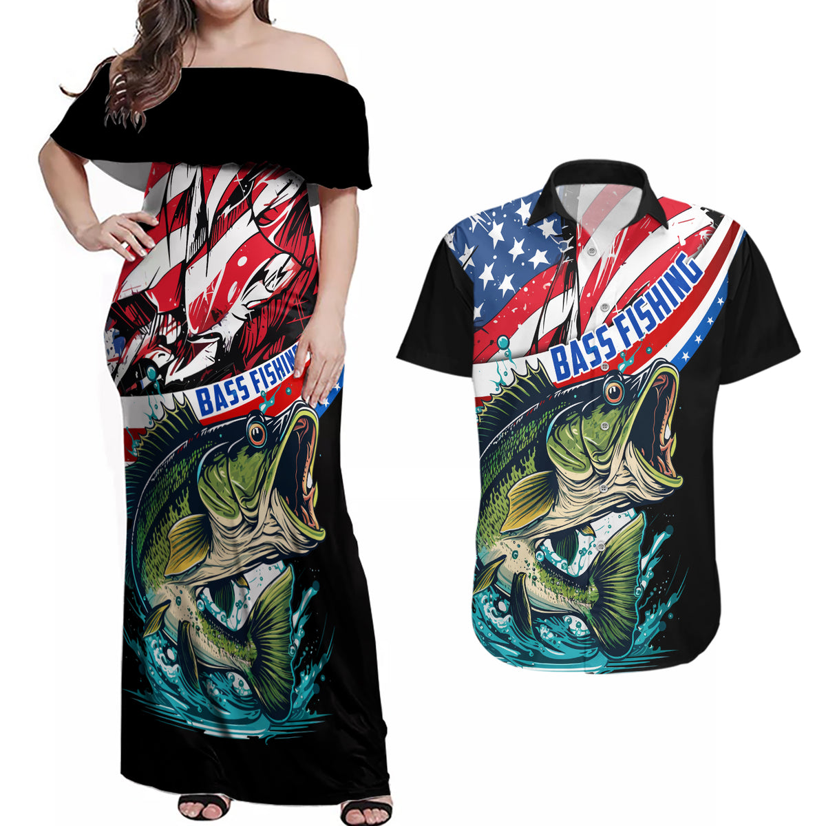 Personalized Bass Fishing Couples Matching Off Shoulder Maxi Dress and Hawaiian Shirt With American Flag - Wonder Print Shop