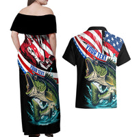 Personalized Bass Fishing Couples Matching Off Shoulder Maxi Dress and Hawaiian Shirt With American Flag - Wonder Print Shop