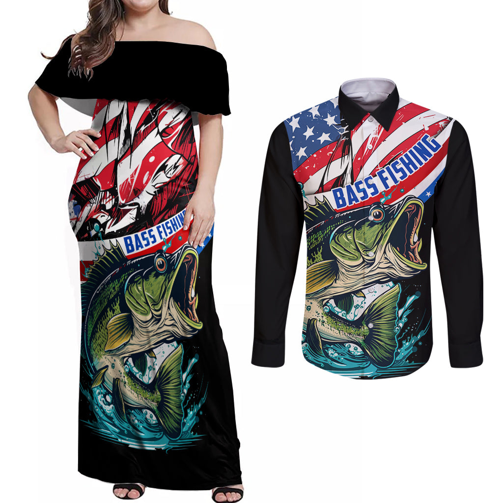 Personalized Bass Fishing Couples Matching Off Shoulder Maxi Dress and Long Sleeve Button Shirt With American Flag - Wonder Print Shop