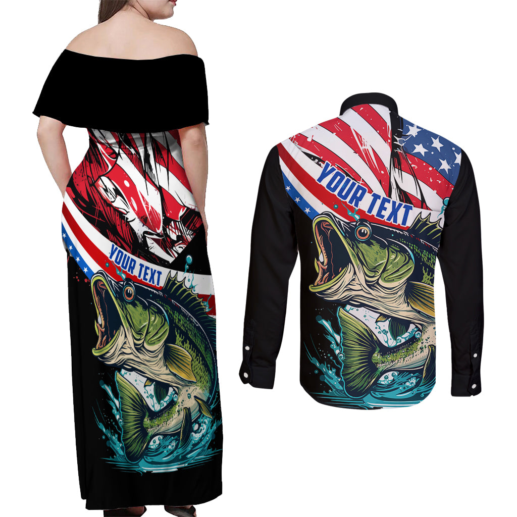 Personalized Bass Fishing Couples Matching Off Shoulder Maxi Dress and Long Sleeve Button Shirt With American Flag - Wonder Print Shop