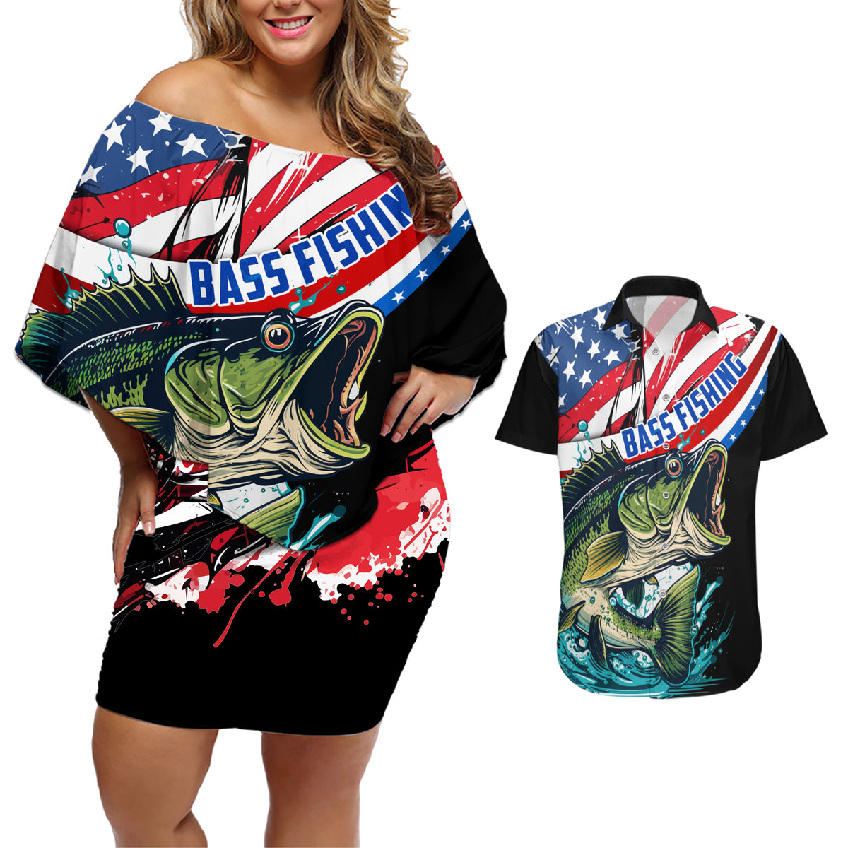 Personalized Bass Fishing Couples Matching Off Shoulder Short Dress and Hawaiian Shirt With American Flag - Wonder Print Shop