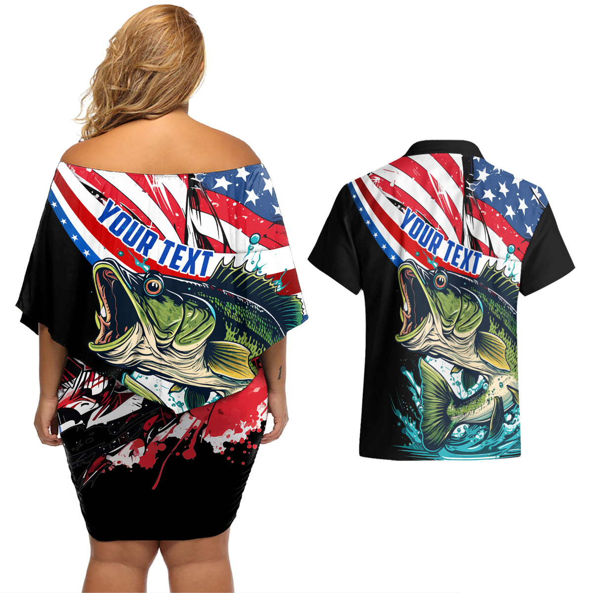 Personalized Bass Fishing Couples Matching Off Shoulder Short Dress and Hawaiian Shirt With American Flag - Wonder Print Shop