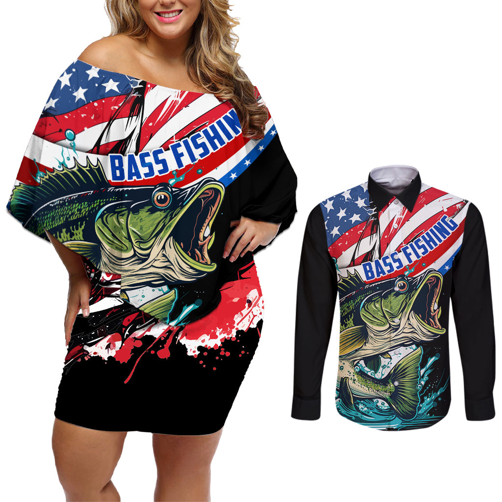 Personalized Bass Fishing Couples Matching Off Shoulder Short Dress and Long Sleeve Button Shirt With American Flag - Wonder Print Shop