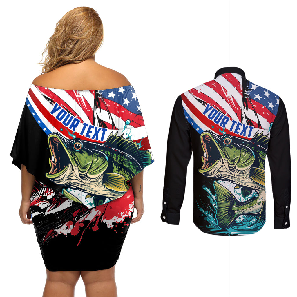 Personalized Bass Fishing Couples Matching Off Shoulder Short Dress and Long Sleeve Button Shirt With American Flag - Wonder Print Shop
