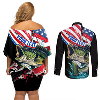 Personalized Bass Fishing Couples Matching Off Shoulder Short Dress and Long Sleeve Button Shirt With American Flag - Wonder Print Shop