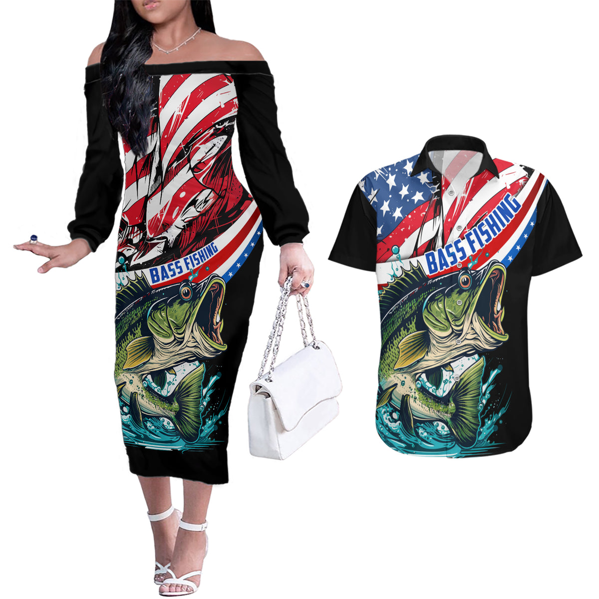 Personalized Bass Fishing Couples Matching Off The Shoulder Long Sleeve Dress and Hawaiian Shirt With American Flag - Wonder Print Shop