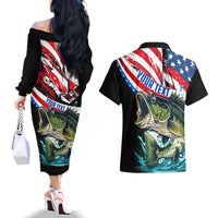 Personalized Bass Fishing Couples Matching Off The Shoulder Long Sleeve Dress and Hawaiian Shirt With American Flag - Wonder Print Shop