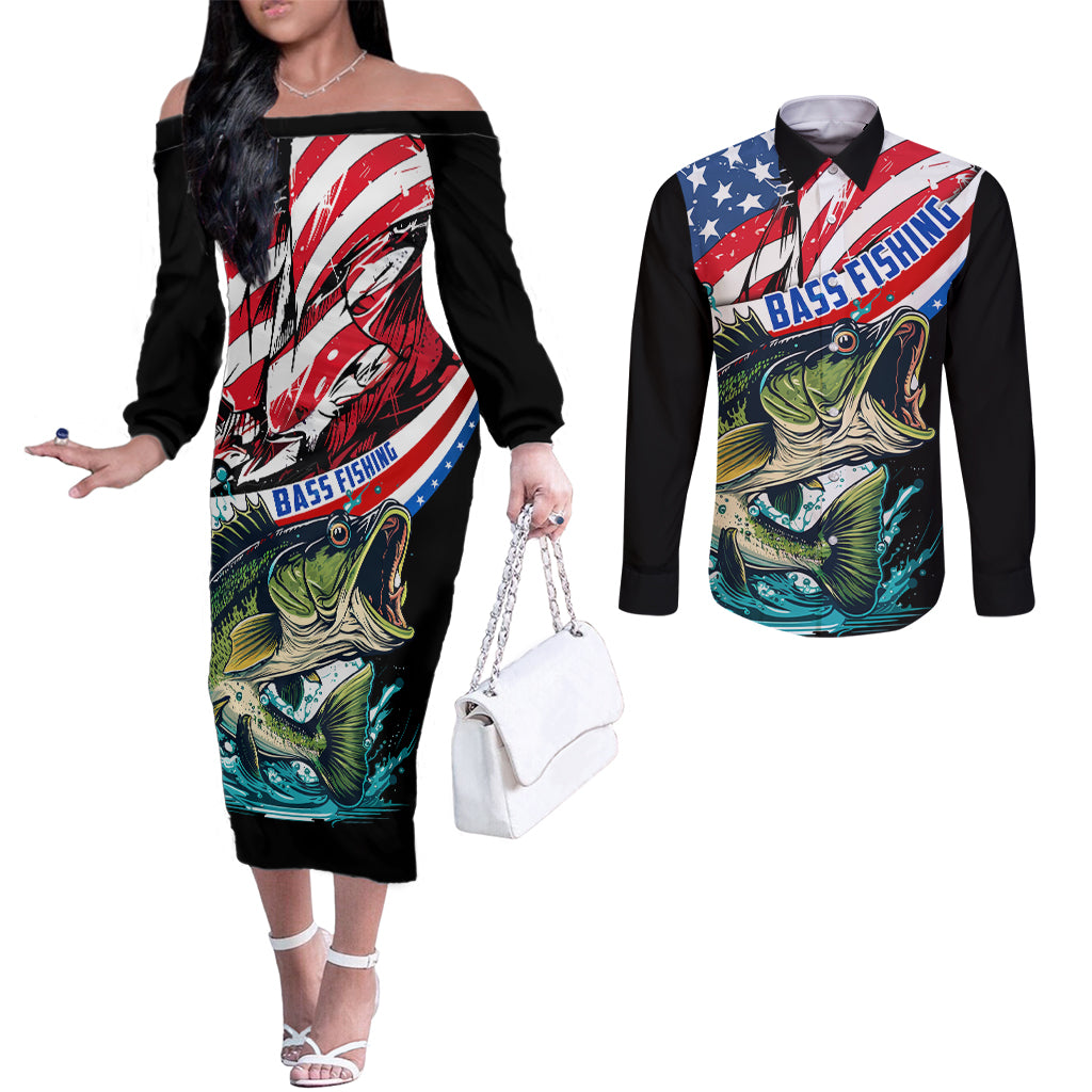 Personalized Bass Fishing Couples Matching Off The Shoulder Long Sleeve Dress and Long Sleeve Button Shirt With American Flag