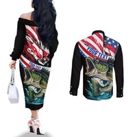 Personalized Bass Fishing Couples Matching Off The Shoulder Long Sleeve Dress and Long Sleeve Button Shirt With American Flag