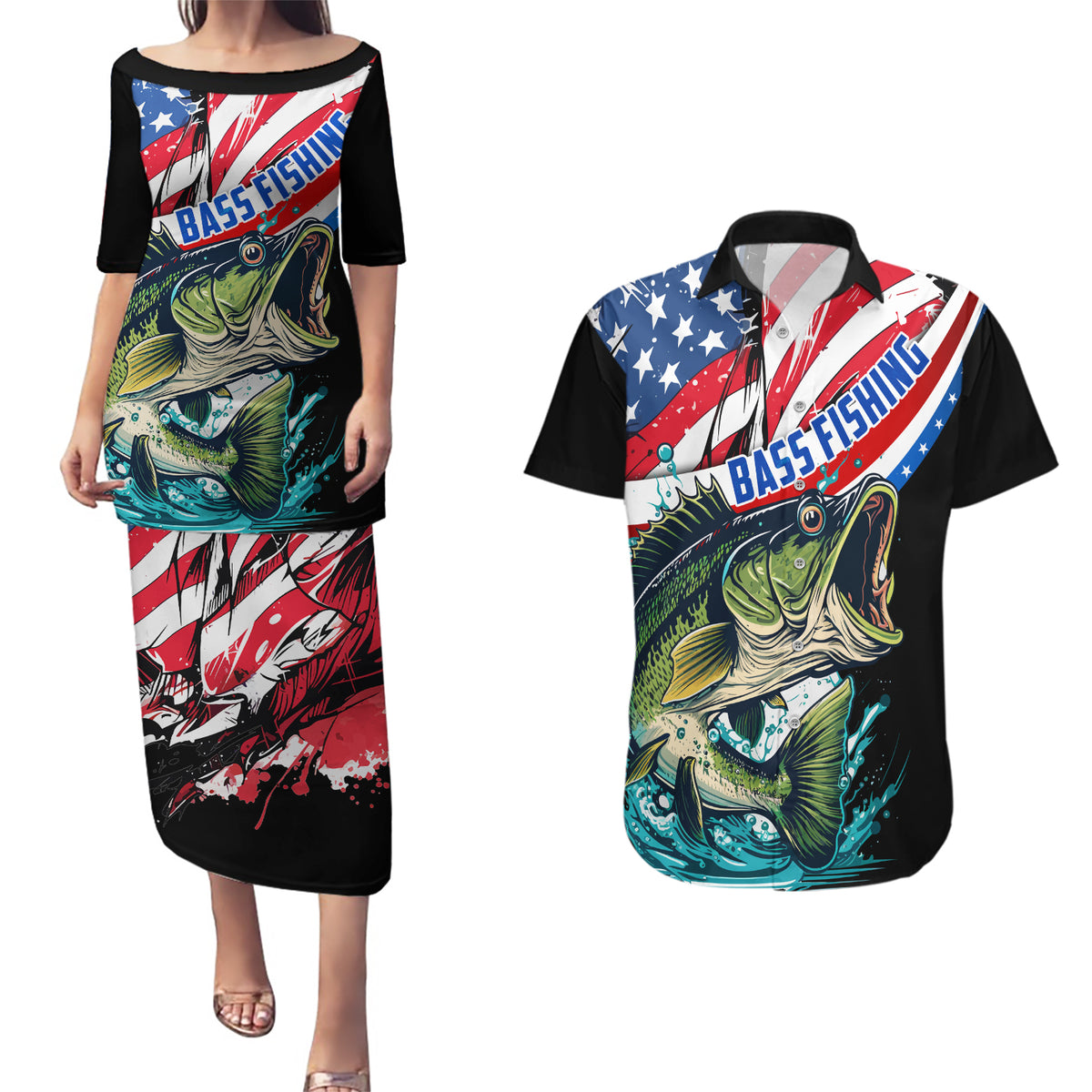 Personalized Bass Fishing Couples Matching Puletasi and Hawaiian Shirt With American Flag - Wonder Print Shop