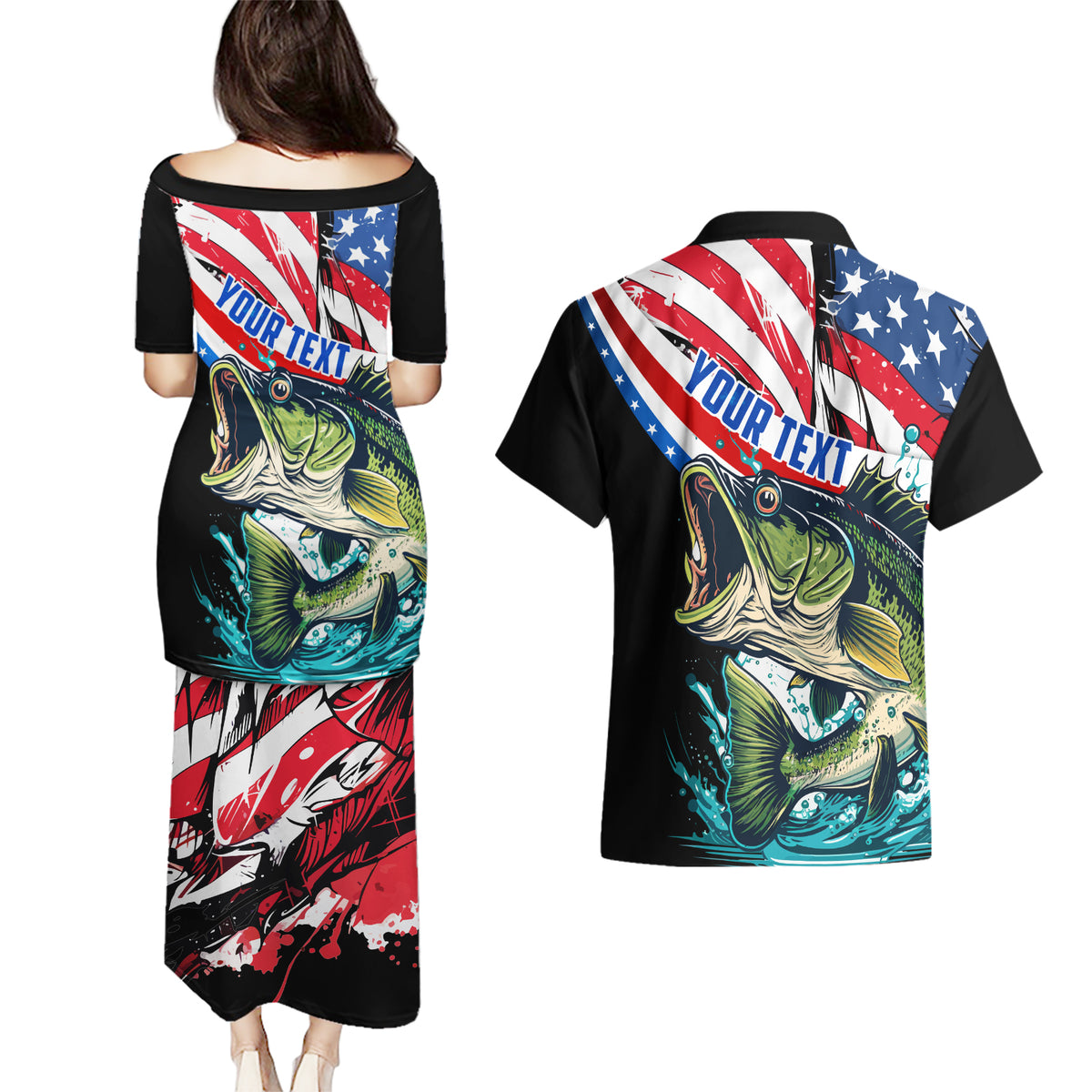Personalized Bass Fishing Couples Matching Puletasi and Hawaiian Shirt With American Flag - Wonder Print Shop