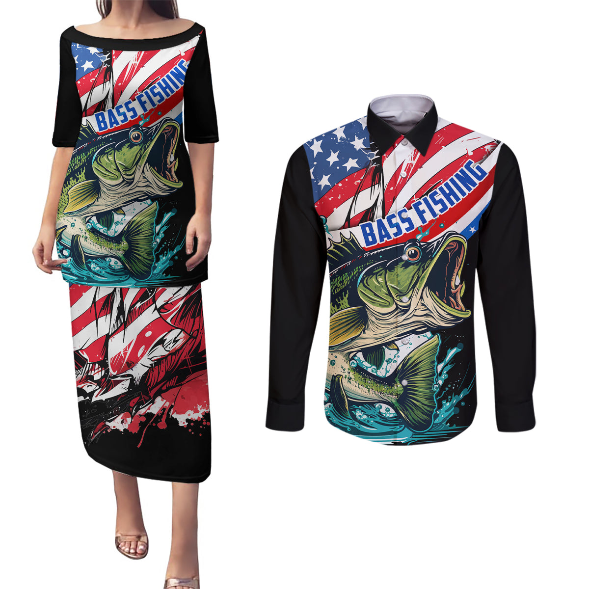 Personalized Bass Fishing Couples Matching Puletasi and Long Sleeve Button Shirt With American Flag - Wonder Print Shop