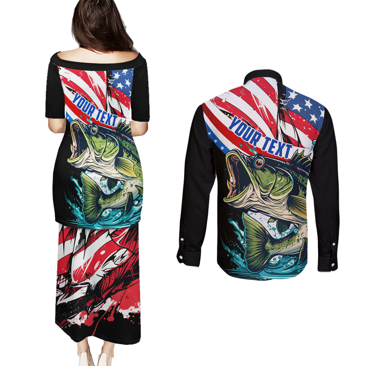 Personalized Bass Fishing Couples Matching Puletasi and Long Sleeve Button Shirt With American Flag - Wonder Print Shop