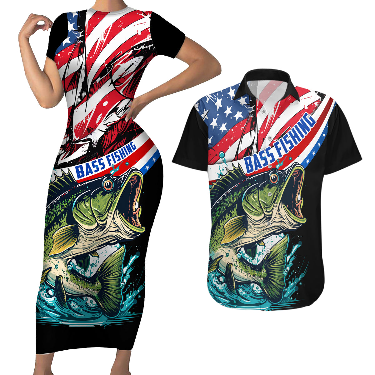 Personalized Bass Fishing Couples Matching Short Sleeve Bodycon Dress and Hawaiian Shirt With American Flag - Wonder Print Shop