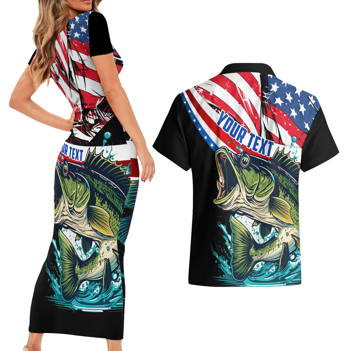 Personalized Bass Fishing Couples Matching Short Sleeve Bodycon Dress and Hawaiian Shirt With American Flag - Wonder Print Shop