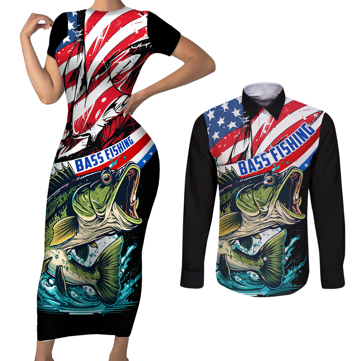 Personalized Bass Fishing Couples Matching Short Sleeve Bodycon Dress and Long Sleeve Button Shirt With American Flag - Wonder Print Shop