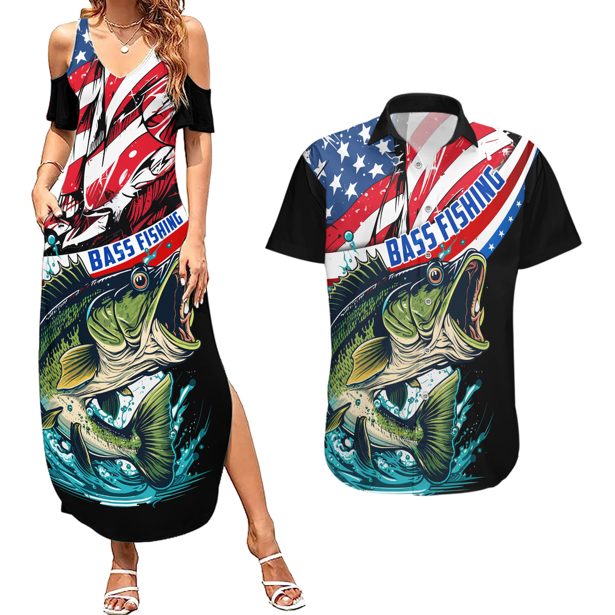 Personalized Bass Fishing Couples Matching Summer Maxi Dress and Hawaiian Shirt With American Flag - Wonder Print Shop