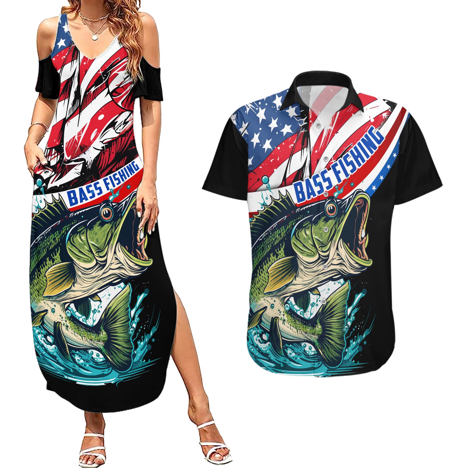Personalized Bass Fishing Couples Matching Summer Maxi Dress and Hawaiian Shirt With American Flag - Wonder Print Shop