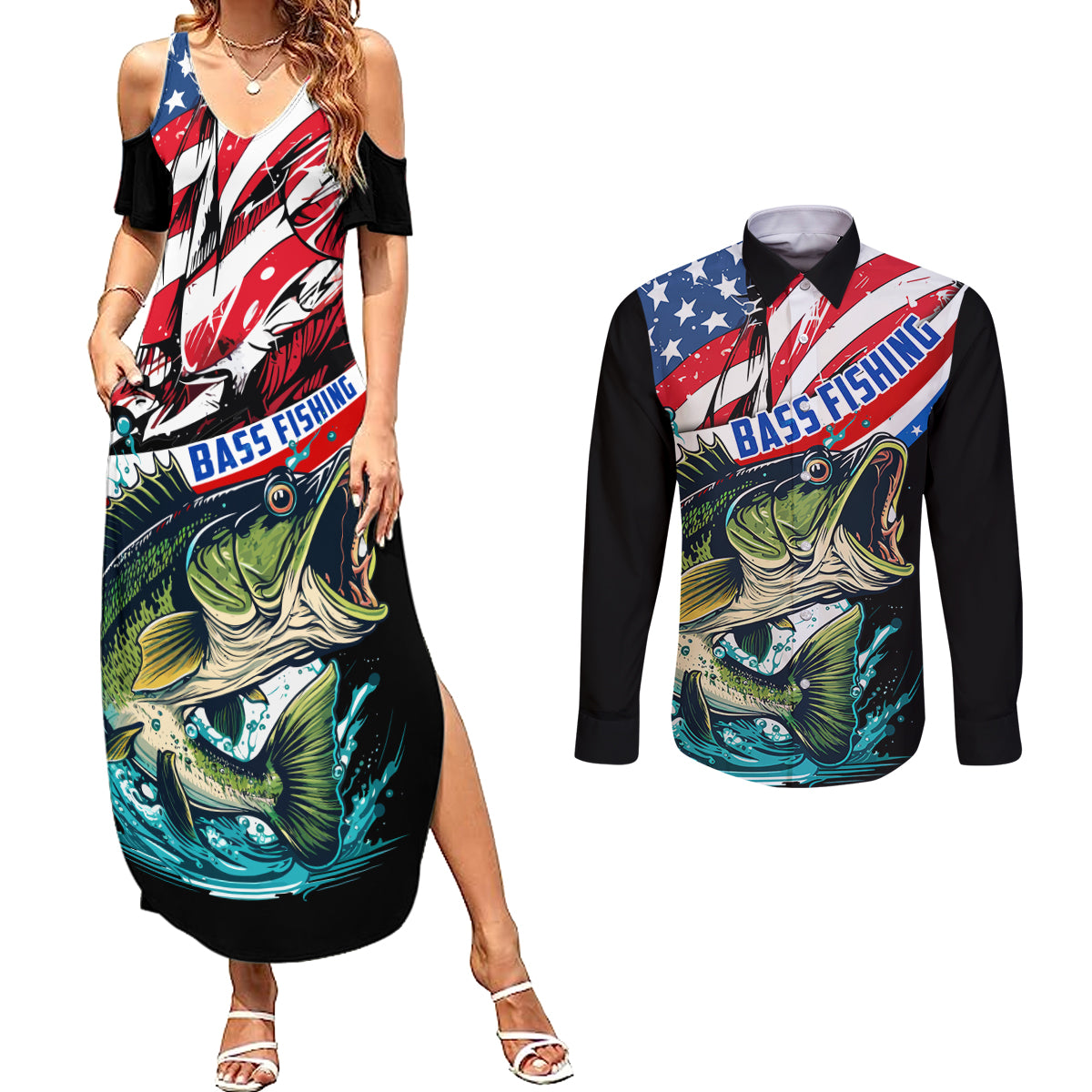 Personalized Bass Fishing Couples Matching Summer Maxi Dress and Long Sleeve Button Shirt With American Flag - Wonder Print Shop