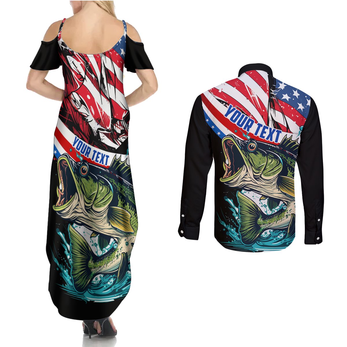 Personalized Bass Fishing Couples Matching Summer Maxi Dress and Long Sleeve Button Shirt With American Flag - Wonder Print Shop