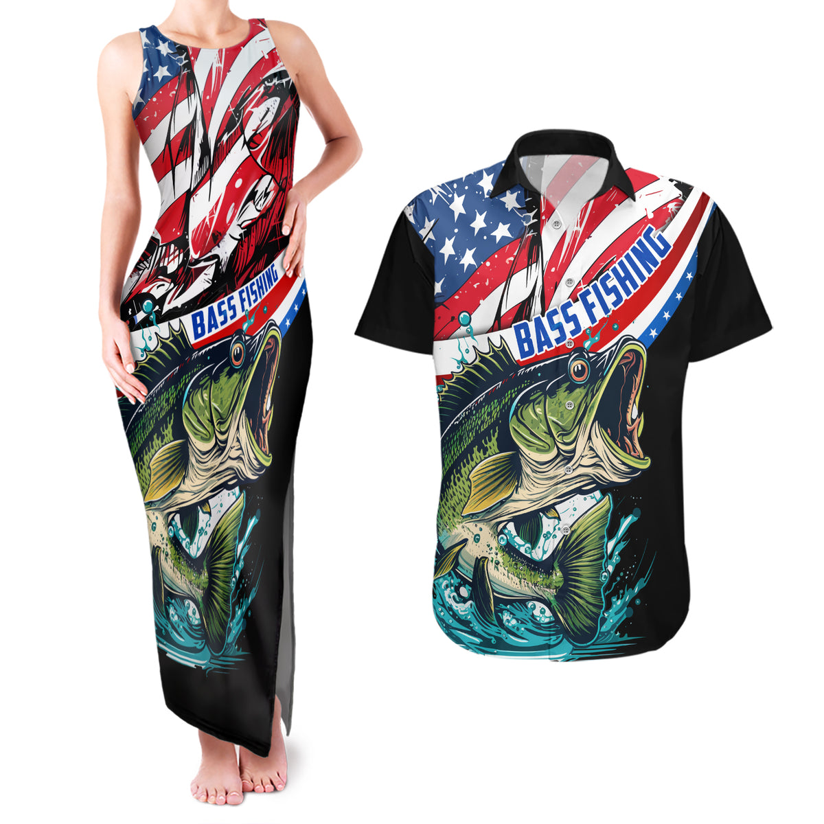 Personalized Bass Fishing Couples Matching Tank Maxi Dress and Hawaiian Shirt With American Flag - Wonder Print Shop