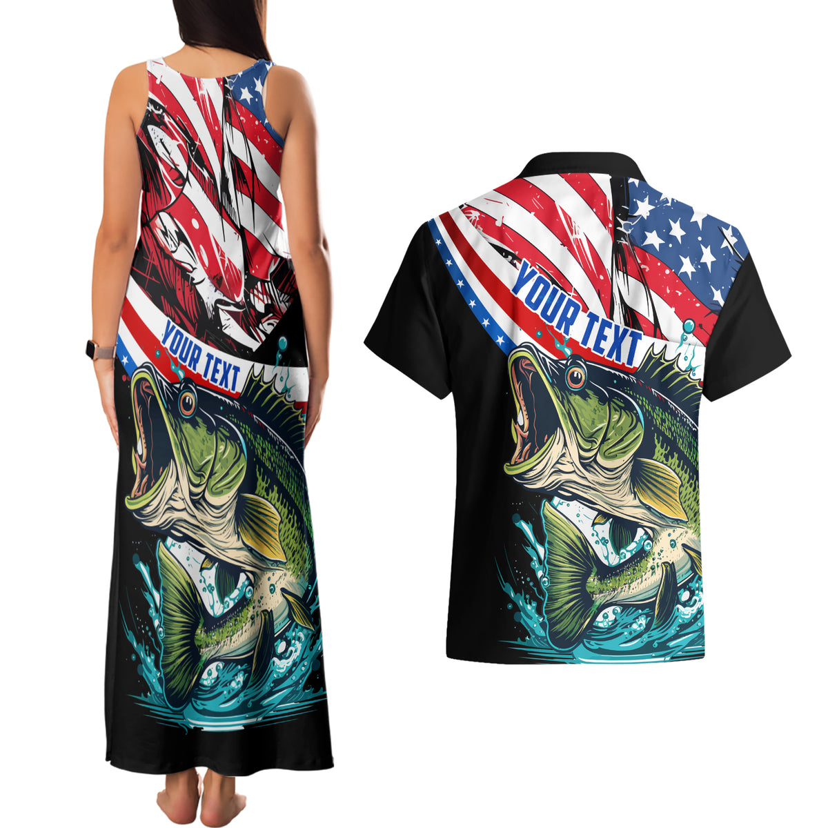 Personalized Bass Fishing Couples Matching Tank Maxi Dress and Hawaiian Shirt With American Flag - Wonder Print Shop