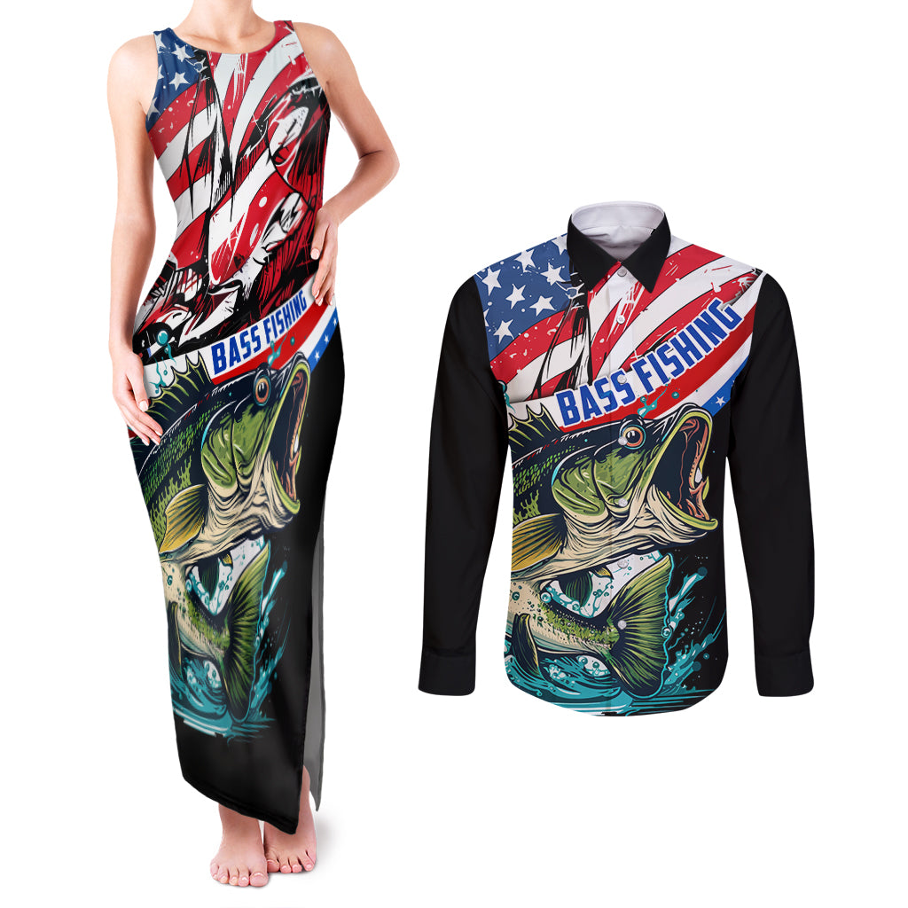 Personalized Bass Fishing Couples Matching Tank Maxi Dress and Long Sleeve Button Shirt With American Flag - Wonder Print Shop