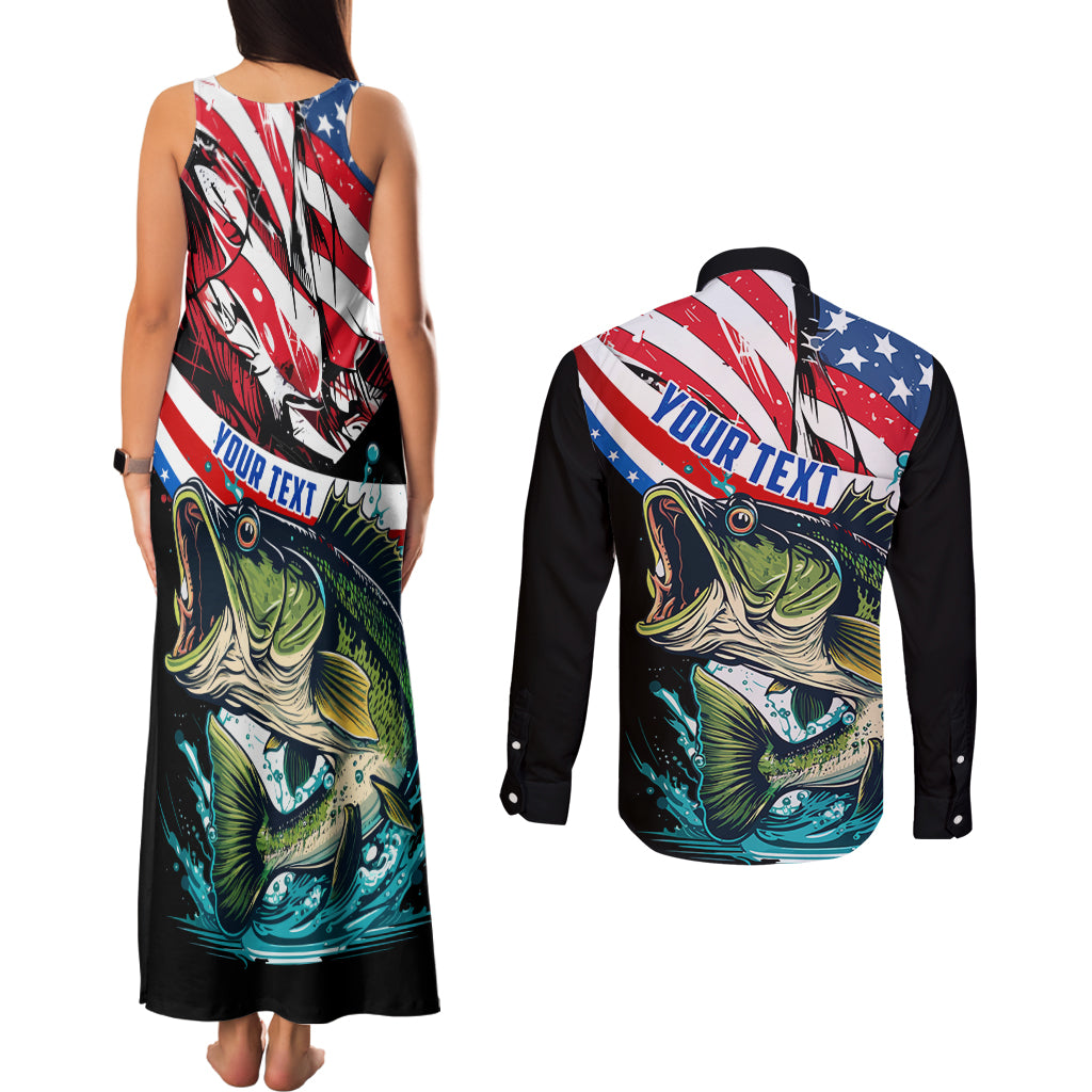 Personalized Bass Fishing Couples Matching Tank Maxi Dress and Long Sleeve Button Shirt With American Flag - Wonder Print Shop