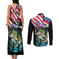 Personalized Bass Fishing Couples Matching Tank Maxi Dress and Long Sleeve Button Shirt With American Flag - Wonder Print Shop