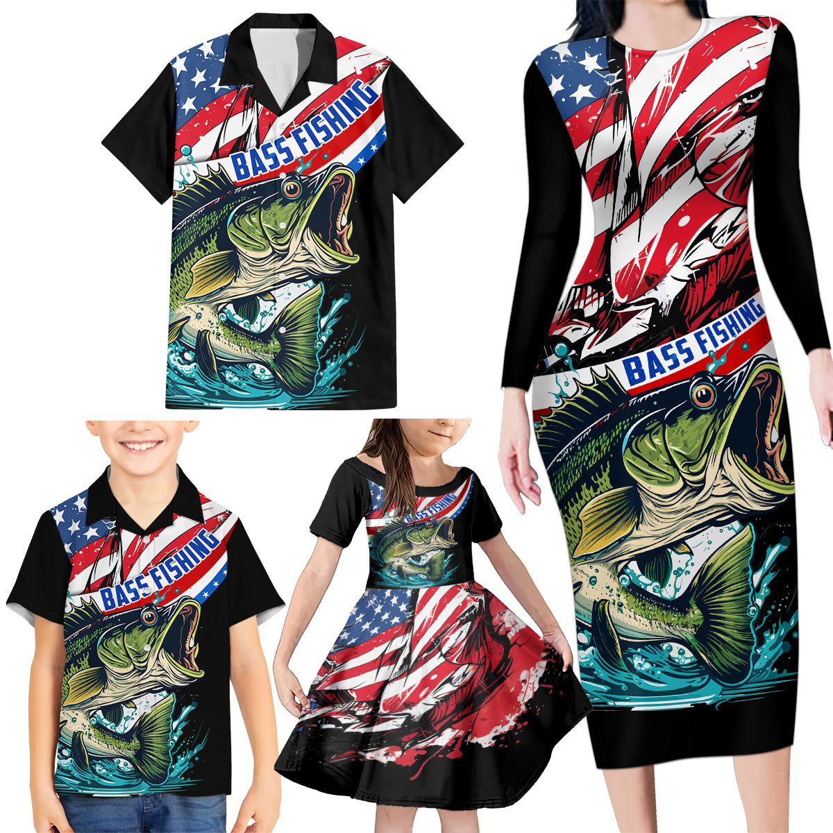 Personalized Bass Fishing Family Matching Long Sleeve Bodycon Dress and Hawaiian Shirt With American Flag - Wonder Print Shop