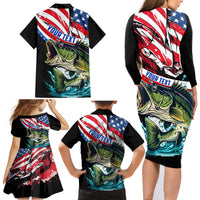 Personalized Bass Fishing Family Matching Long Sleeve Bodycon Dress and Hawaiian Shirt With American Flag - Wonder Print Shop