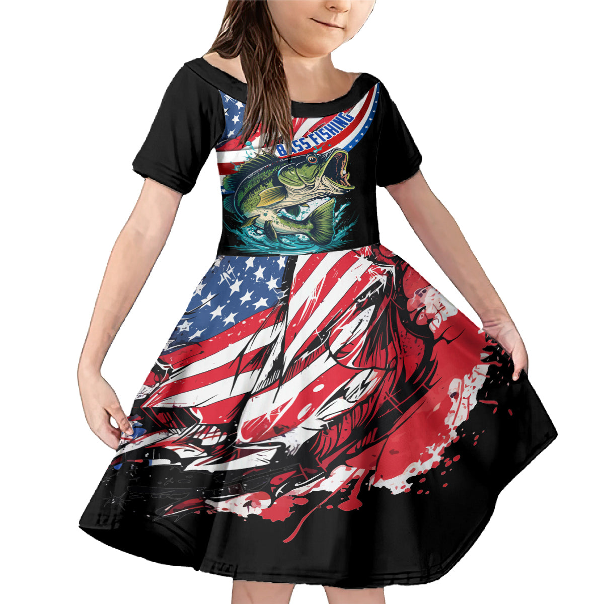 Personalized Bass Fishing Family Matching Mermaid Dress and Hawaiian Shirt With American Flag - Wonder Print Shop
