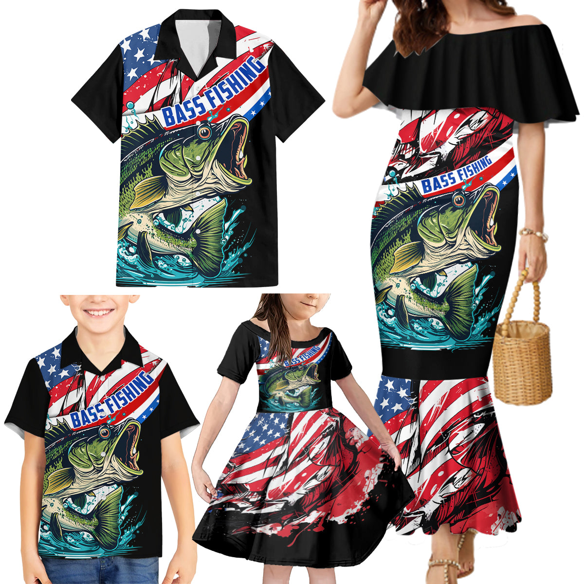 Personalized Bass Fishing Family Matching Mermaid Dress and Hawaiian Shirt With American Flag - Wonder Print Shop